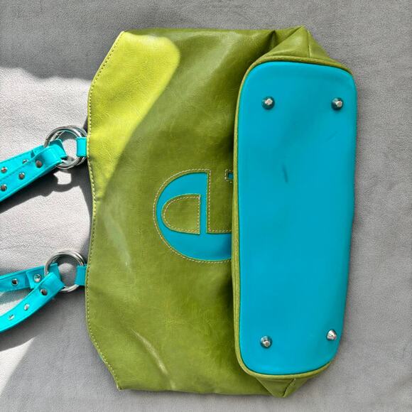 Y2K Initial Bag 2000s Era Retro Bag Letter E Initial Green Blue Faux Leather - Picture 5 of 7